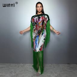 WINYI Summer Pleated Fringed Maxi Dress Women Crumple Design Loose Boho Robe Holiday Fashion Evening Dress Abaya Dubai Luxury