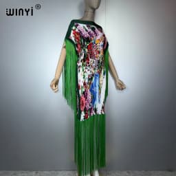 WINYI Summer Pleated Fringed Maxi Dress Women Crumple Design Loose Boho Robe Holiday Fashion Evening Dress Abaya Dubai Luxury