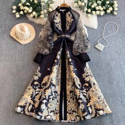 Vintage Dr Women Palace Retro Printing Long Maxi Dress Floral Chiffon Sleeve Elegant Spring Vestidos Wholesale Clothing