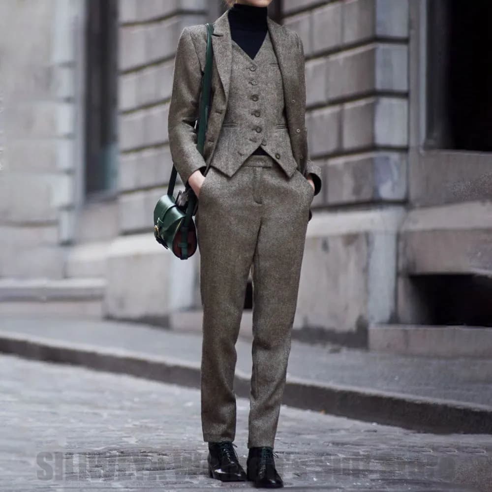 Chic Herringbone Women's Suit 3 Piece Single Breasted Tweed Slim Formal Outfit for Office Daily Casual Suits (Blazer+Vest+Pants)