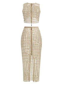 Women Champagne Hollow out Two Piece Set Sexy Sleeveless Short Top + Slim Long Skirt See Through Suits Party Evening Sets