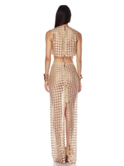 Women Champagne Hollow out Two Piece Set Sexy Sleeveless Short Top + Slim Long Skirt See Through Suits Party Evening Sets