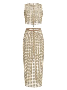 Women Champagne Hollow out Two Piece Set Sexy Sleeveless Short Top + Slim Long Skirt See Through Suits Party Evening Sets
