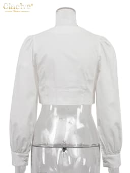 Clacive Fashion Slim White Cotton Women's Shirt 2025 Elegant O-Neck Long Sleeve Shirts Streetwear Solid Crop Top Female Clothing
