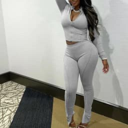 2025 Autumn Women Solid Gray 2 Piece Set Tracksuits Stand Collar Long Sleeve Zipper Crop Top + High Waist Slit Pencil Pants Suit