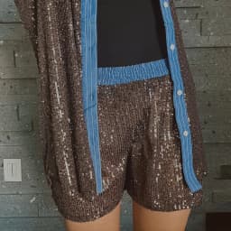 New Style Women's Suit Loose Casual Sequin Patchwork Long Sleeve Shirt Shorts Pants Set Fashion Women 2025 New BAP7