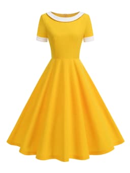 Tonval Contrast Collar and Cuff Elegant Spring Summer Women Dresses Short Sleeve Retro Clothing 1950s Swing Dress