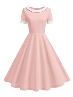 Tonval Contrast Collar and Cuff Elegant Spring Summer Women Dresses Short Sleeve Retro Clothing 1950s Swing Dress
