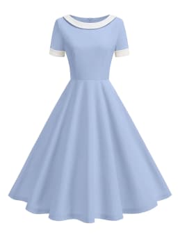 Tonval Contrast Collar and Cuff Elegant Spring Summer Women Dresses Short Sleeve Retro Clothing 1950s Swing Dress