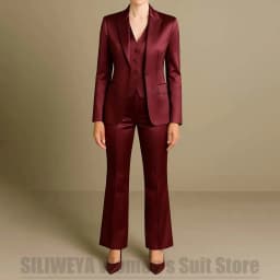 Women's Burgundy Satin 3 Piece Suit Set Fashion One Button Blazer Vest Flared Pants Formal Office Party Prom Wedding Tuxedo