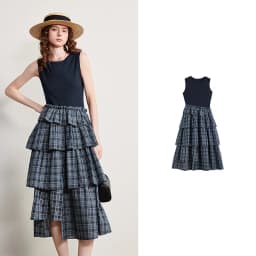 TOYOUTH Women Dress 2026 Spring New Splicing Plaid Slim Fit Soft and Flowing Mid Length Cake Skirt