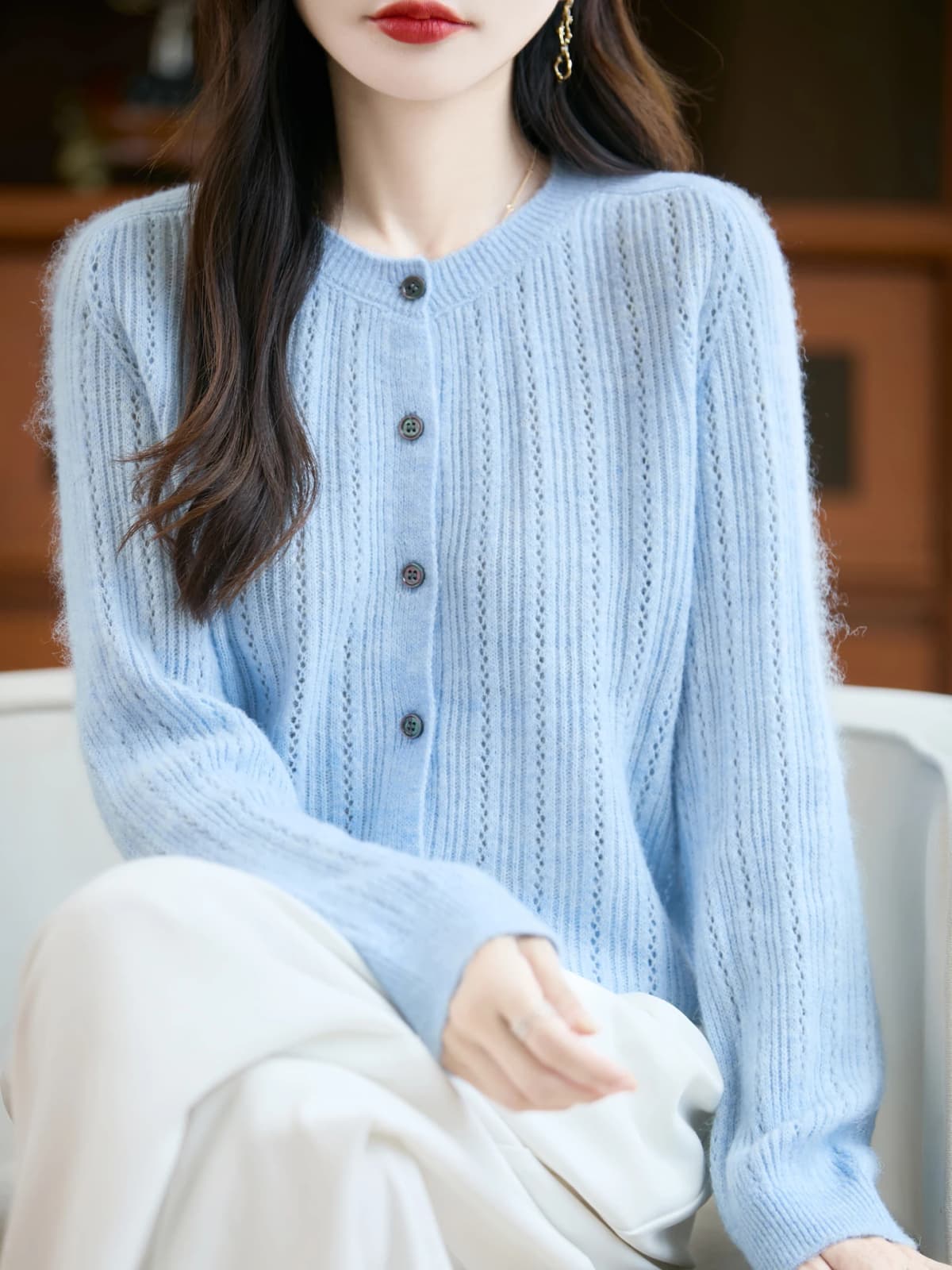 Sweater New Women 100% Merino Wool Cardigan O-Neck Knit Solid Color Autumn Winter Single-breasted Clothing Skin Friendly Top