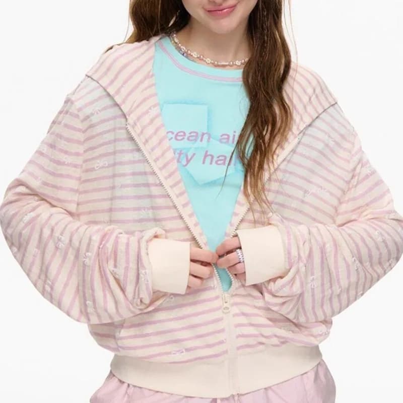 College-style Casual Loose Outerwear American Retro All Match Zipper Sweatshirt Street Sweet Bow Design Hooded Coats Female Top