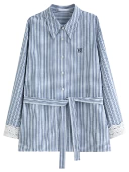 DUSHU 2025 Spring Women's Lace Trim Jacquard Striped Shirt - Tie Waist Blouse with Floral Pattern for Casual and Office Wear