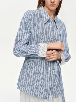 DUSHU 2025 Spring Women's Lace Trim Jacquard Striped Shirt - Tie Waist Blouse with Floral Pattern for Casual and Office Wear