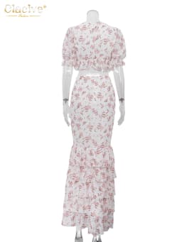 Clacive Fashion Loose Print Two Piece Outfits Woman Sexy Short Sleeve Crop Shirt With High Waist Maxi Skirt Set Female Clothes