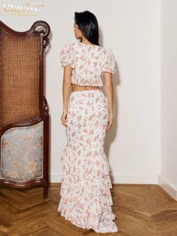 Clacive Fashion Loose Print Two Piece Outfits Woman Sexy Short Sleeve Crop Shirt With High Waist Maxi Skirt Set Female Clothes