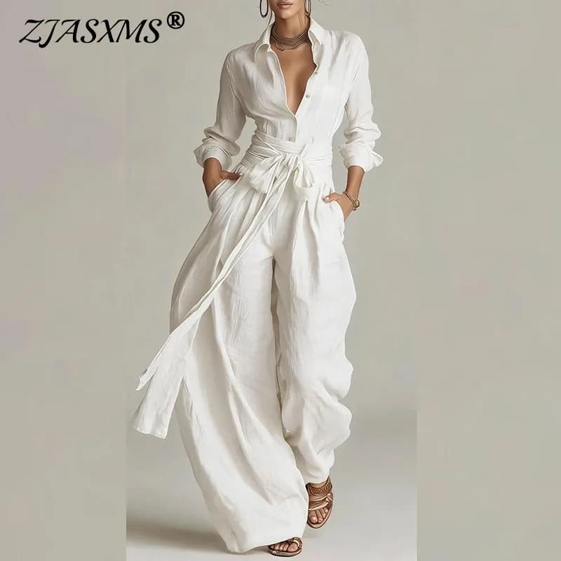 Vintage Solid High Waist Belted 2 Piece Sets Long Sleeve Button Lapel Shirt And Wide Leg Pants Woman Outfit Spring Vacation Suit