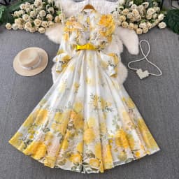 Fashion Elegant Stand Collar Long Lantern Sleeve Big Swing Robe Single Breasted Belt Slim Waist Print Dress Chic Summer Vestido