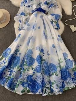 Fashion Elegant Stand Collar Long Lantern Sleeve Big Swing Robe Single Breasted Belt Slim Waist Print Dress Chic Summer Vestido