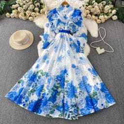 Fashion Elegant Stand Collar Long Lantern Sleeve Big Swing Robe Single Breasted Belt Slim Waist Print Dress Chic Summer Vestido
