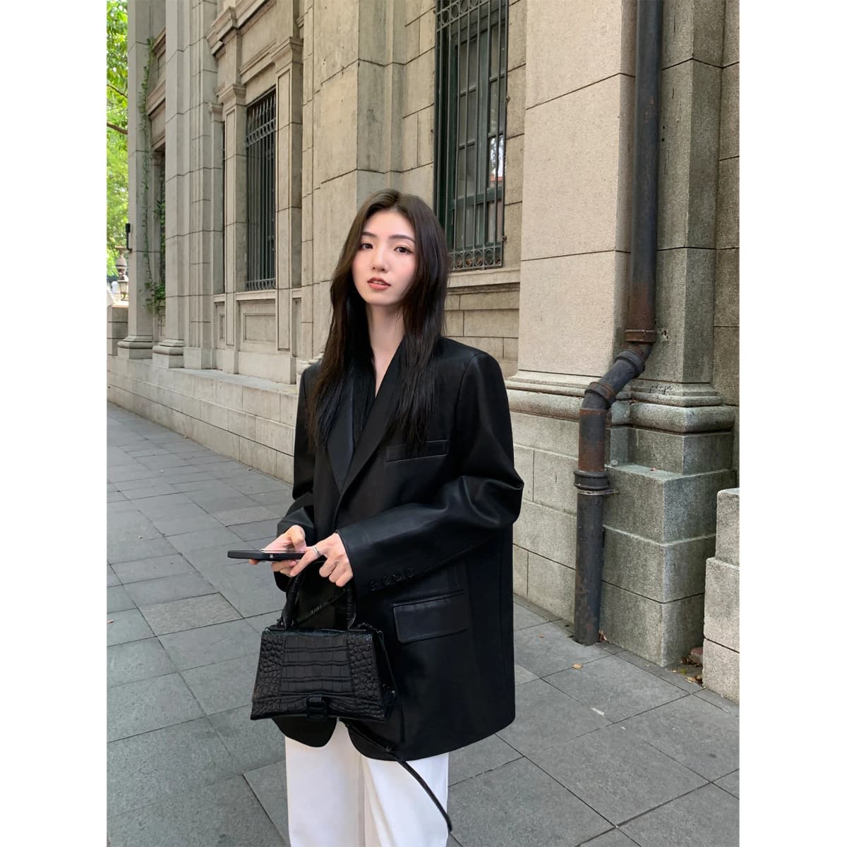 Women's Fashion Blazer Style Leather Jacket Black PU Leather Coat Spring Autumn New Loose Elegant High-end Blazer