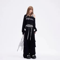 Kimotimo Black Sports 2 Piece Sets Y2k Letter Off Shoulder Short Sweatshirts Halter Bandage Striped Vest Retro Casual Streetwear