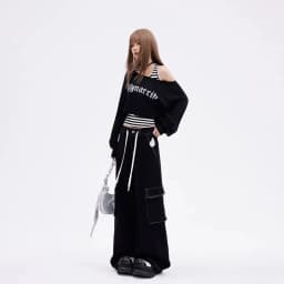 Kimotimo Black Sports 2 Piece Sets Y2k Letter Off Shoulder Short Sweatshirts Halter Bandage Striped Vest Retro Casual Streetwear