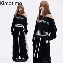 Kimotimo Black Sports 2 Piece Sets Y2k Letter Off Shoulder Short Sweatshirts Halter Bandage Striped Vest Retro Casual Streetwear