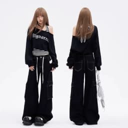 Kimotimo Black Sports 2 Piece Sets Y2k Letter Off Shoulder Short Sweatshirts Halter Bandage Striped Vest Retro Casual Streetwear