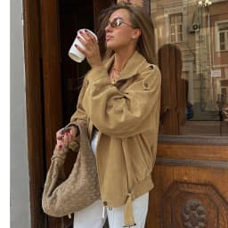 Women's Vintage Khaki Suede Jacket, Oversized Stand Collar Moto Coat with Belt & Buckle Detail, Fall Streetwear