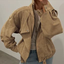 Women's Vintage Khaki Suede Jacket, Oversized Stand Collar Moto Coat with Belt & Buckle Detail, Fall Streetwear