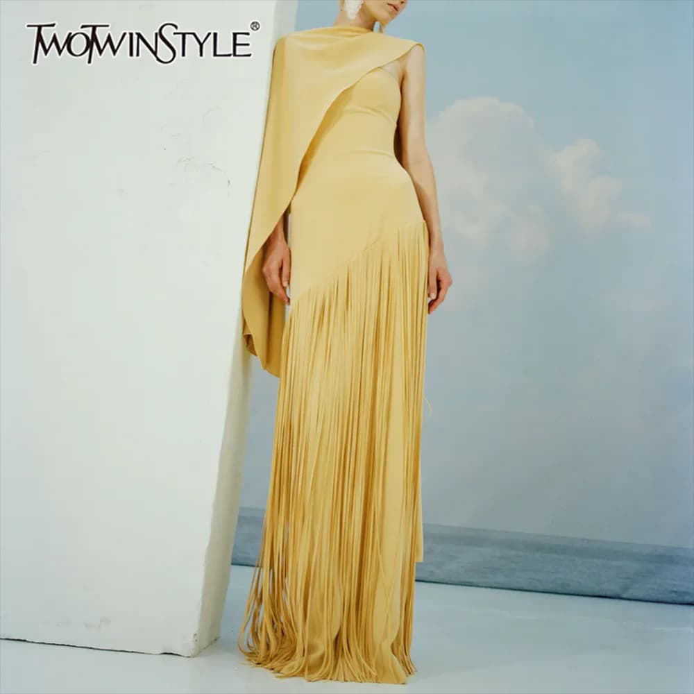 TWOTWINSTYLE Solid Loose Spliced Tassel Chic Dresses for Women O Neck Sleeveless Luxury Elegant Dress Female Summer Fashion New