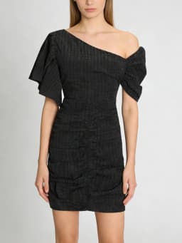 TWOTWINSTYLE Fashion Spliced Plaid Irregular Dresses for Women Diagonal Collar Short Sleeves Patchwork Shirring Dress Female New