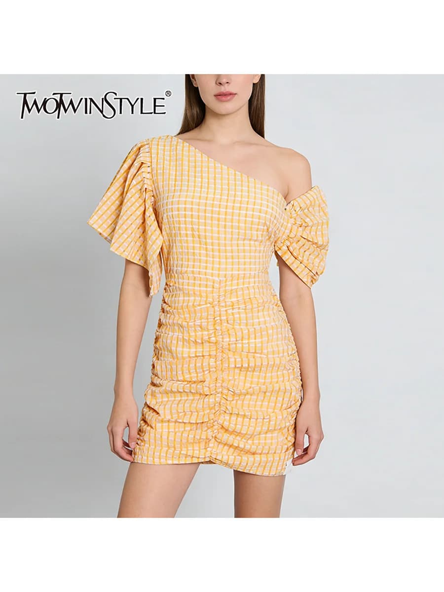 TWOTWINSTYLE Fashion Spliced Plaid Irregular Dresses for Women Diagonal Collar Short Sleeves Patchwork Shirring Dress Female New