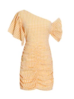 TWOTWINSTYLE Fashion Spliced Plaid Irregular Dresses for Women Diagonal Collar Short Sleeves Patchwork Shirring Dress Female New