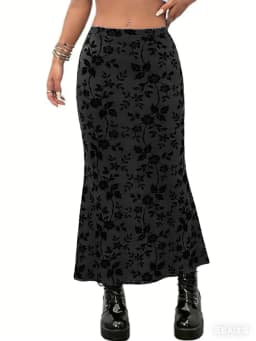 Women's Floral Midi Skirts Fashionable Casual High Waisted Navy Vine Print Long Skirt for Summer Outings