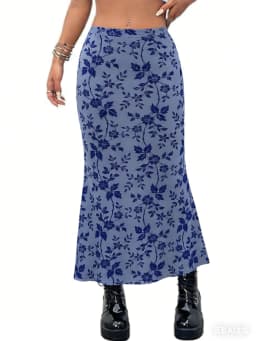 Women's Floral Midi Skirts Fashionable Casual High Waisted Navy Vine Print Long Skirt for Summer Outings