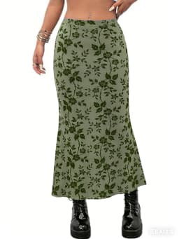 Women's Floral Midi Skirts Fashionable Casual High Waisted Navy Vine Print Long Skirt for Summer Outings