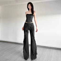 Retro Style Ruffle Leaf Edge Splicing High Waist Micro-pull Pants Women's Design Sense Slim and Thin Trousers Tide