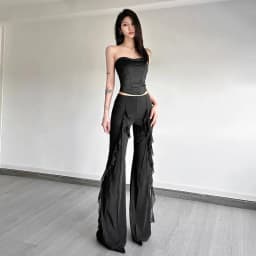 Retro Style Ruffle Leaf Edge Splicing High Waist Micro-pull Pants Women's Design Sense Slim and Thin Trousers Tide