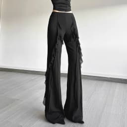 Retro Style Ruffle Leaf Edge Splicing High Waist Micro-pull Pants Women's Design Sense Slim and Thin Trousers Tide