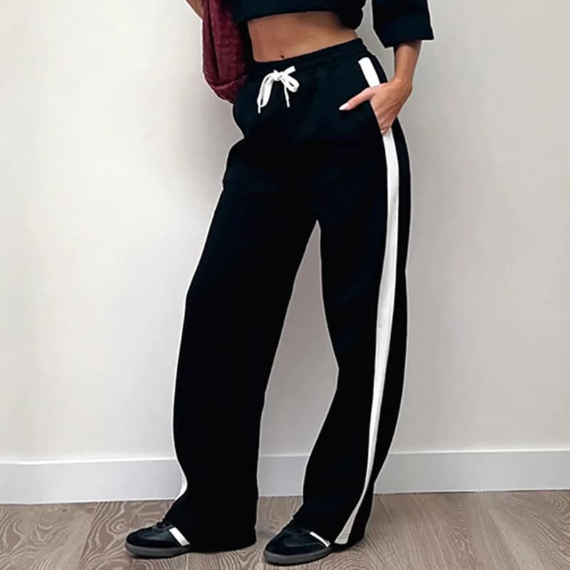 Y2K Color Block Patchwork Sweatpants American Style Elastic Waistband Tie Straight Tube Slimming Loose Versatile Casual
