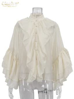 Clacive Sexy Loose White Women Shirt Fashion Stand Collar Long Sleeve Lady Blouse Elegant Classic Ruffles Top Female Clothing