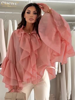 Clacive Sexy Loose White Women Shirt Fashion Stand Collar Long Sleeve Lady Blouse Elegant Classic Ruffles Top Female Clothing