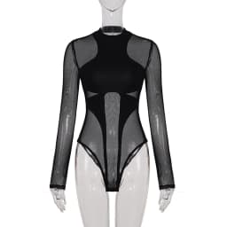Women's Street Fashion Sheer Mesh Patchwork Bodysuits Fashion Slimming Long Sleeve Irregular Design One Piece Clothes Romper New