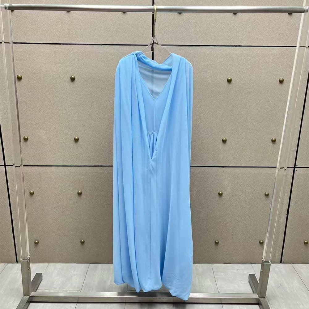 Light Blue Chiffon Maxi Dress for Women, Elegant V-Neck Cape Sleeve Long Dresses, Summer Beach Vacation Flowy A-Line Party Gown