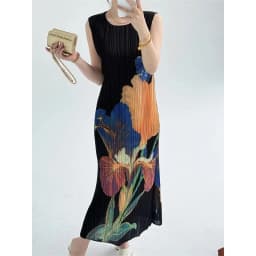 New Pleated High-quality Spring and Summer Pleated Retro Print Dress with Elegant Femininity and High-grade Sleeveless Dress