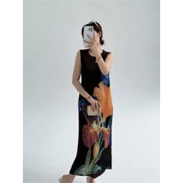 New Pleated High-quality Spring and Summer Pleated Retro Print Dress with Elegant Femininity and High-grade Sleeveless Dress
