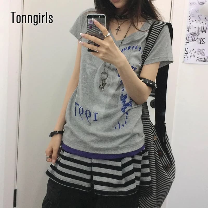 Tonngirls Harajuku Print T Shirt Women Short Sleeve Y2k Vintage Tops Patchwork Graphic Tops American Retro 90s Streetwear Tshirt
